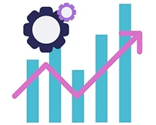 A blue bar graph with a pink upward trend line and a gear symbol above it.