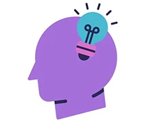 A purple silhouette of a head with a light bulb inside, symbolizing ideas.