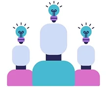 Three abstract figures with light bulbs above their heads, symbolizing ideas.