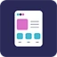 A simplified mobile app layout featuring a purple box and two blue buttons below.