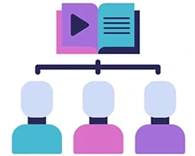 A graphic showing an open book with a play button, connecting to three people icons.