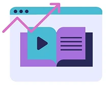 An open book with a play button on one page, and a rising graph above it.