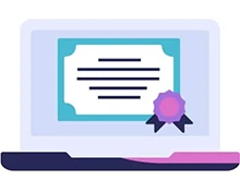 A laptop showing a certificate with text and a purple seal.