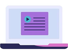 A flat design laptop with a purple video play button and text on the screen.
