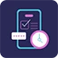 A phone with a checklist and a clock symbol, all on a purple background.