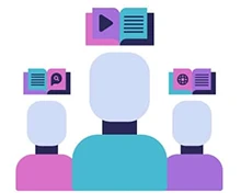 Three abstract figures with colorful icons representing video, search, and text.