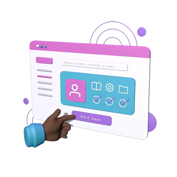 A hand pointing at a user management interface with options to edit user details.