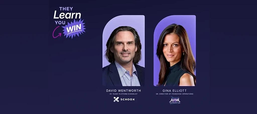 Two professional headshots on a dark background. Text reads 'They Learn You Win'. David Wentworth on left, Gina Elliott on right.
