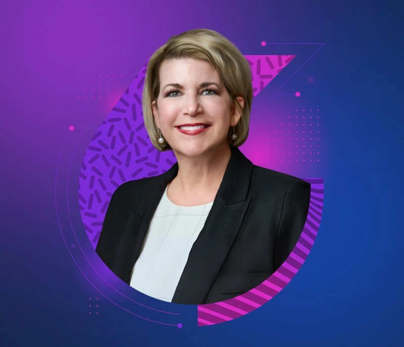 A welcoming graphic for Sandra Moran, Chief Marketing Officer at Schoox, with a friendly smile.