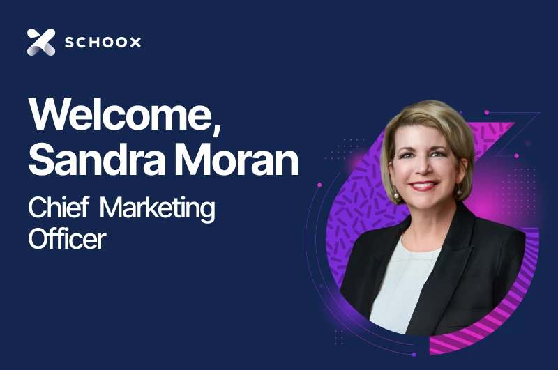 A welcoming graphic for Sandra Moran, Chief Marketing Officer at Schoox, with a friendly smile.