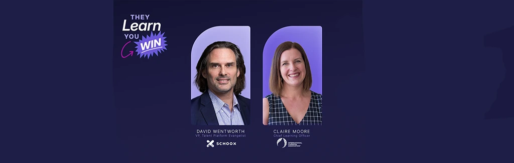 Two professionals, David Wentworth and Claire Moore, smiling on a dark background with a purple accent.