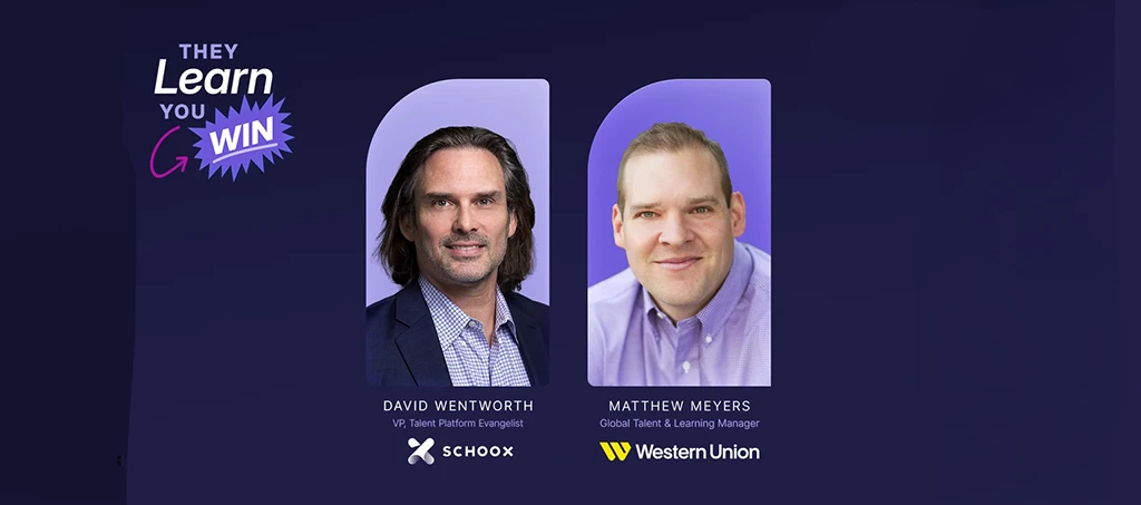 Two men in professional attire presenting speaker headshots. Branding for a learning event visible.