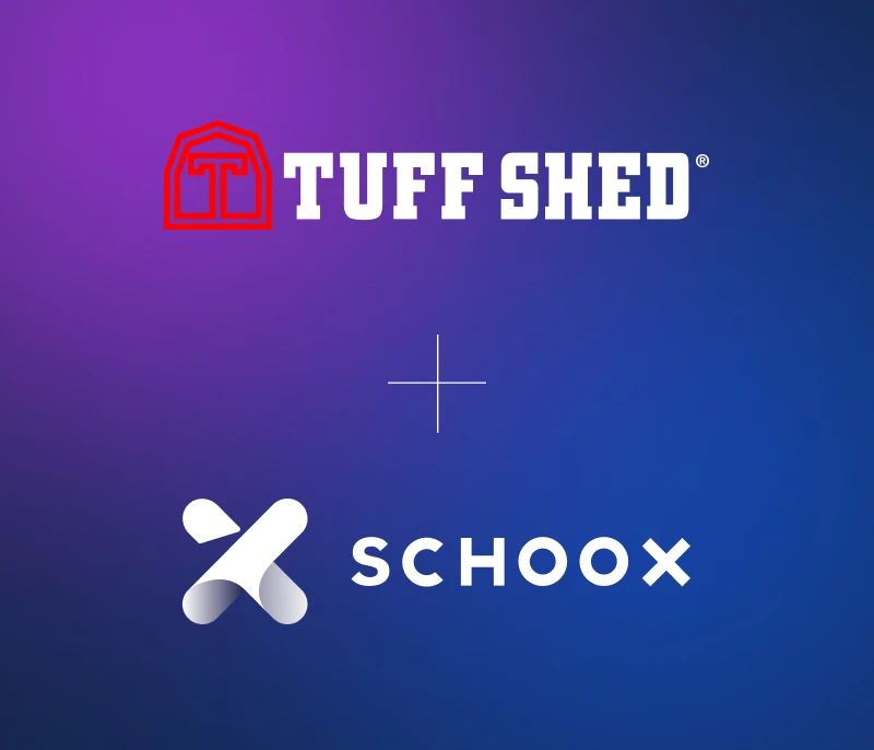 Schoox and Tuff Shed logos over a purple gradient background, promoting workforce learning.