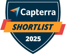 Capterra Shortlist badge for 2025 with a blue shield and colorful logo.