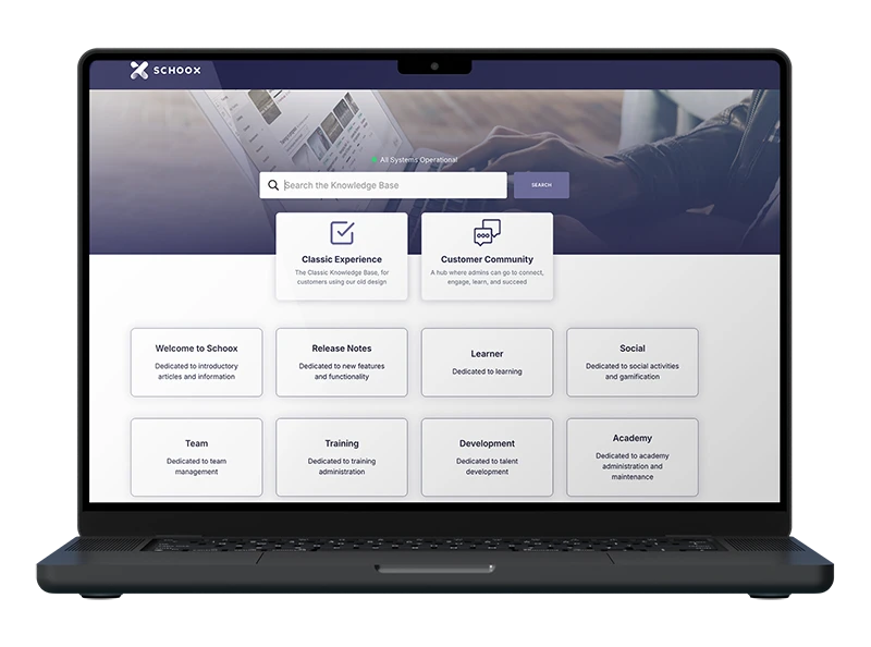 A laptop screen displaying the Schoox knowledge base interface with search bar and various sections.