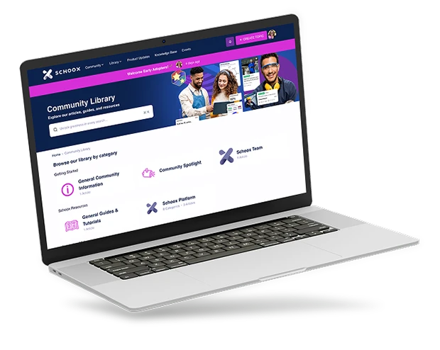 A laptop displaying the Schoox Community Library web page with various sections and resources.