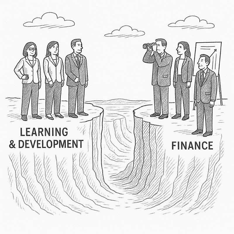 Two groups of business people stand on cliffs labeled Learning & Development and Finance, separated by a deep chasm.