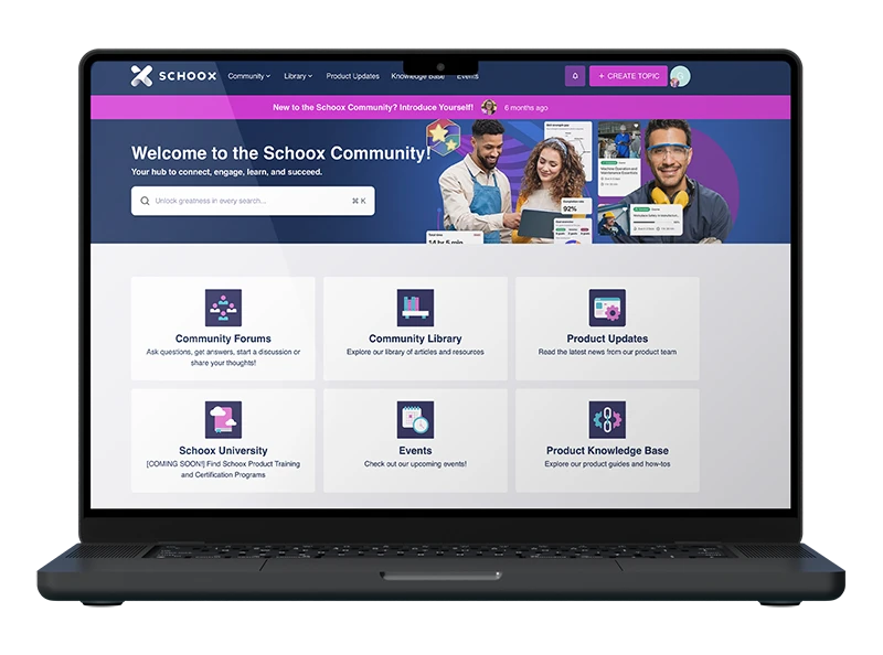Laptop displaying the Schoox Community homepage with options like Forums, Library, and Events.