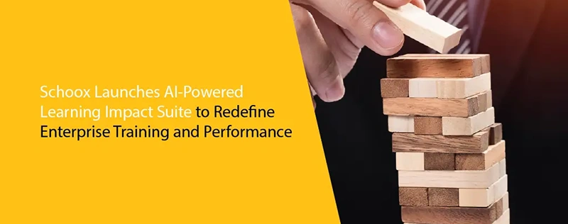 Hands stacking wooden blocks while promoting AI-powered learning solutions.