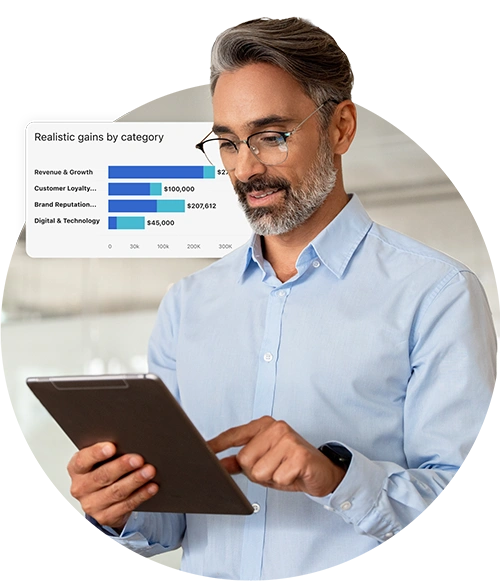 A man in a blue shirt holds a tablet, reviewing a chart showing gains by category on a screen.