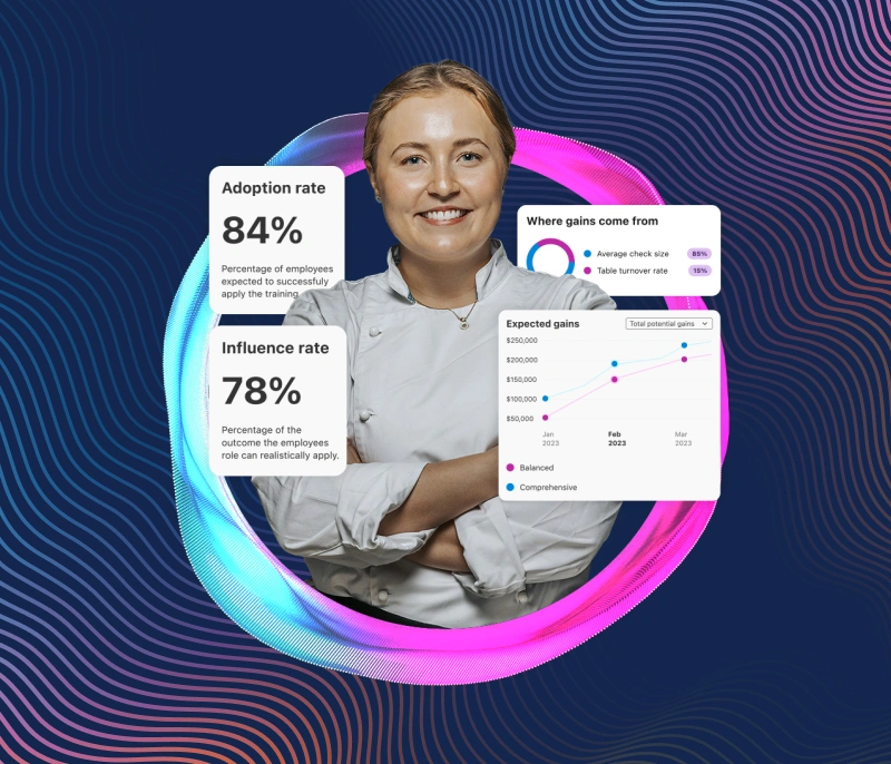 A smiling chef wearing a white uniform, with data about adoption and influence rates displayed around her.