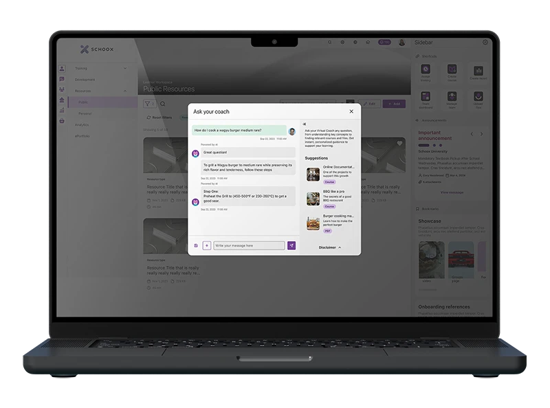 A laptop displaying a chat interface asking about cooking a veggie burger with suggestions.