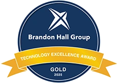 Brandon Hall Group Gold Technology Excellence Award 2025 badge with blue and yellow design.