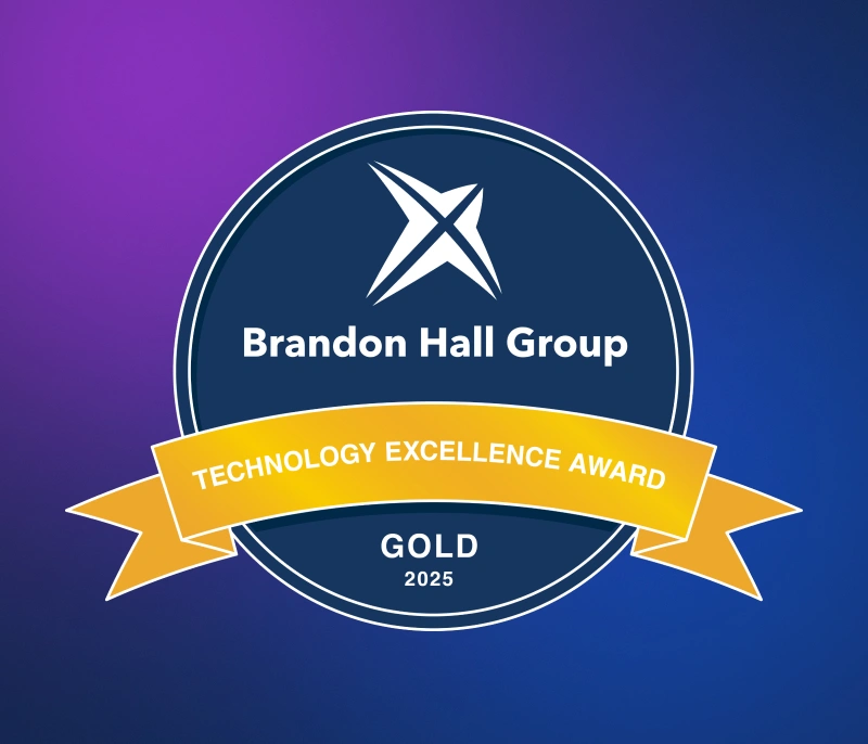 Brandon Hall Group Gold Technology Excellence Award badge for 2025 on a gradient background.