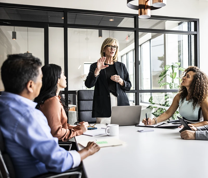 Business professional leading a meeting with colleagues in a conference room