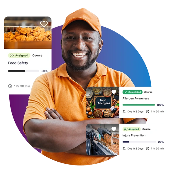 Food service worker in uniform with food safety and training courses displayed