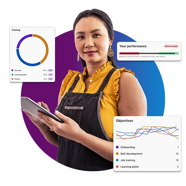 Frontline employee holding a tablet with training progress and performance analytics displayed