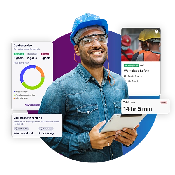 Industrial worker wearing a hard hat and safety glasses using a tablet with training and safety analytics displayed