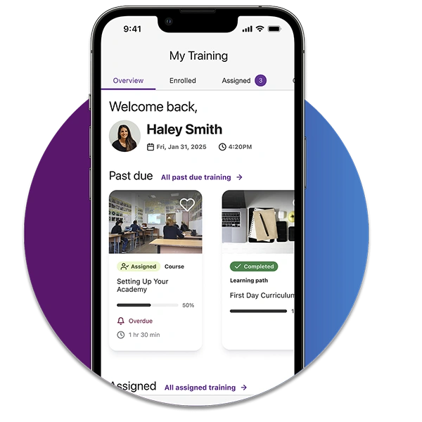 Mobile phone displaying a training app dashboard with assigned and completed courses