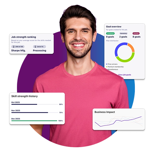 Smiling professional with talent development goals and performance analytics displayed