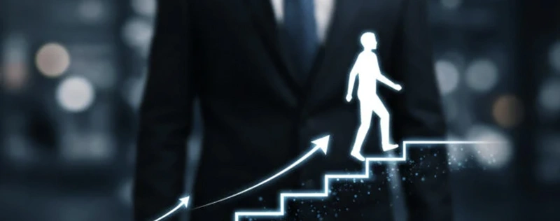 Business growth concept showing a figure climbing illuminated steps with an upward arrow