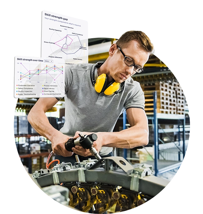 Manufacturing worker assembling machinery with skill and performance analytics displayed.