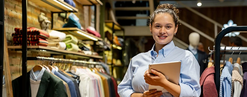 Store associate smiling while using a tablet among clothing racks in a retail shop.