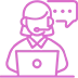 An icon showing a person at a laptop wearing a headset with a speech bubble behind them