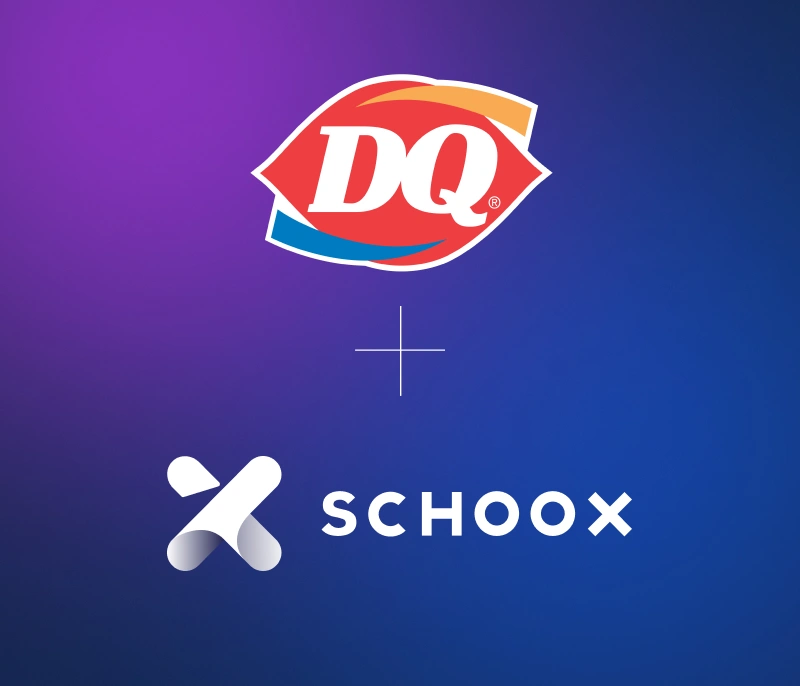 Dairy Queen logo above the Schoox logo on a purple and blue gradient background