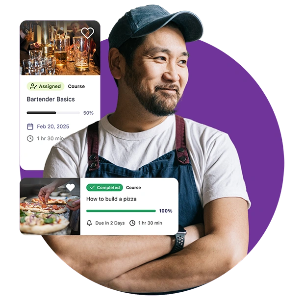 Restaurant worker with visual cards showing bartender training and completed food preparation courses