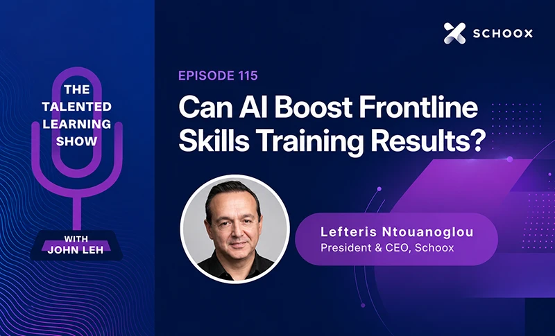 Podcast graphic for The Talented Learning Show, Episode 115, featuring Lefteris Ntouanoglou discussing AI and frontline skills training