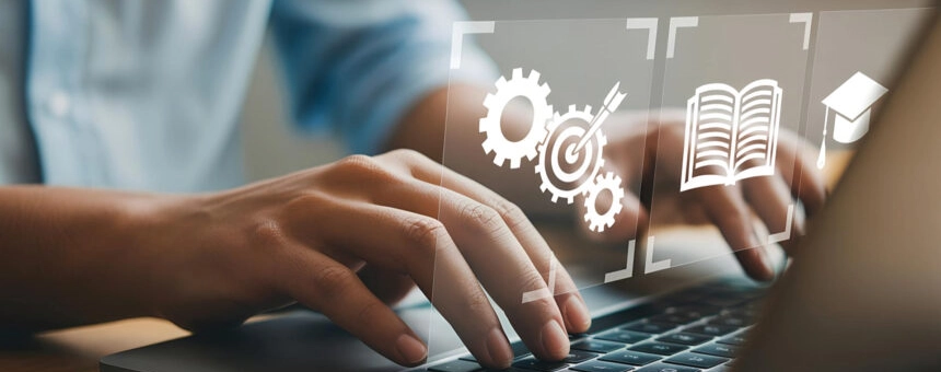 Person typing on a laptop with icons representing learning, skills, and professional development