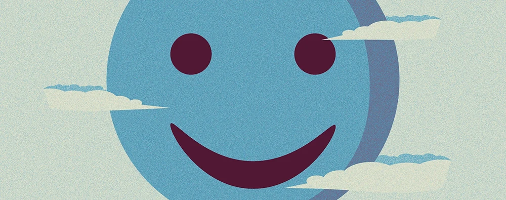 Illustration of a smiling face in the sky with clouds