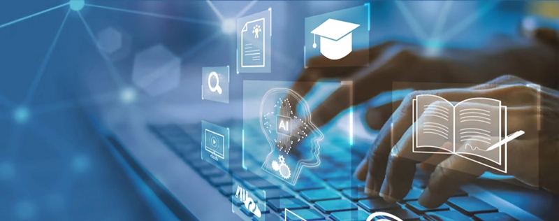 Hands typing on a laptop with digital icons representing AI, learning, and professional development