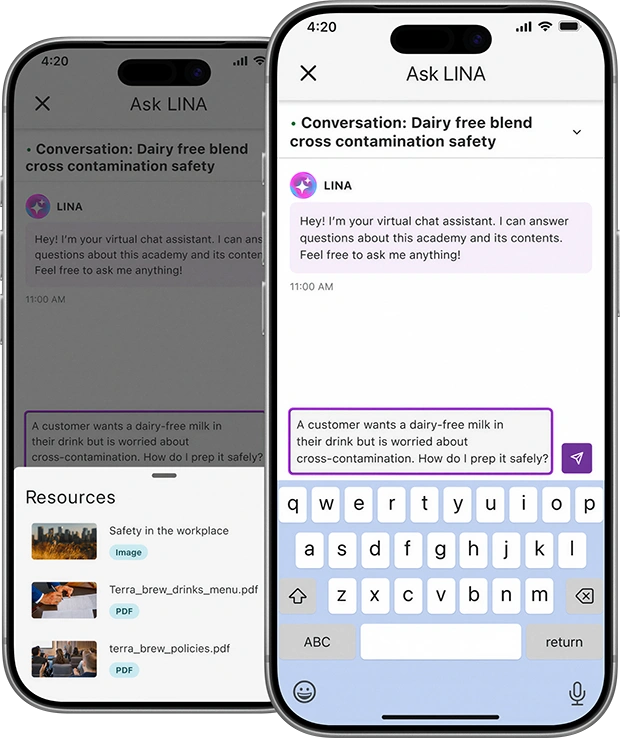 Two smartphone screens displaying the LINA AI assistant answering a workplace safety question and recommending learning resources