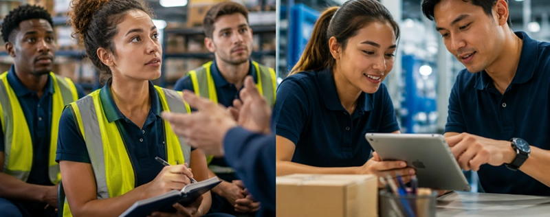 Warehouse employees participating in training and collaborating with a tablet on the warehouse floor