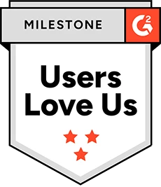 G2 badge showing 'Users Love Us' with three red stars and a milestone label.